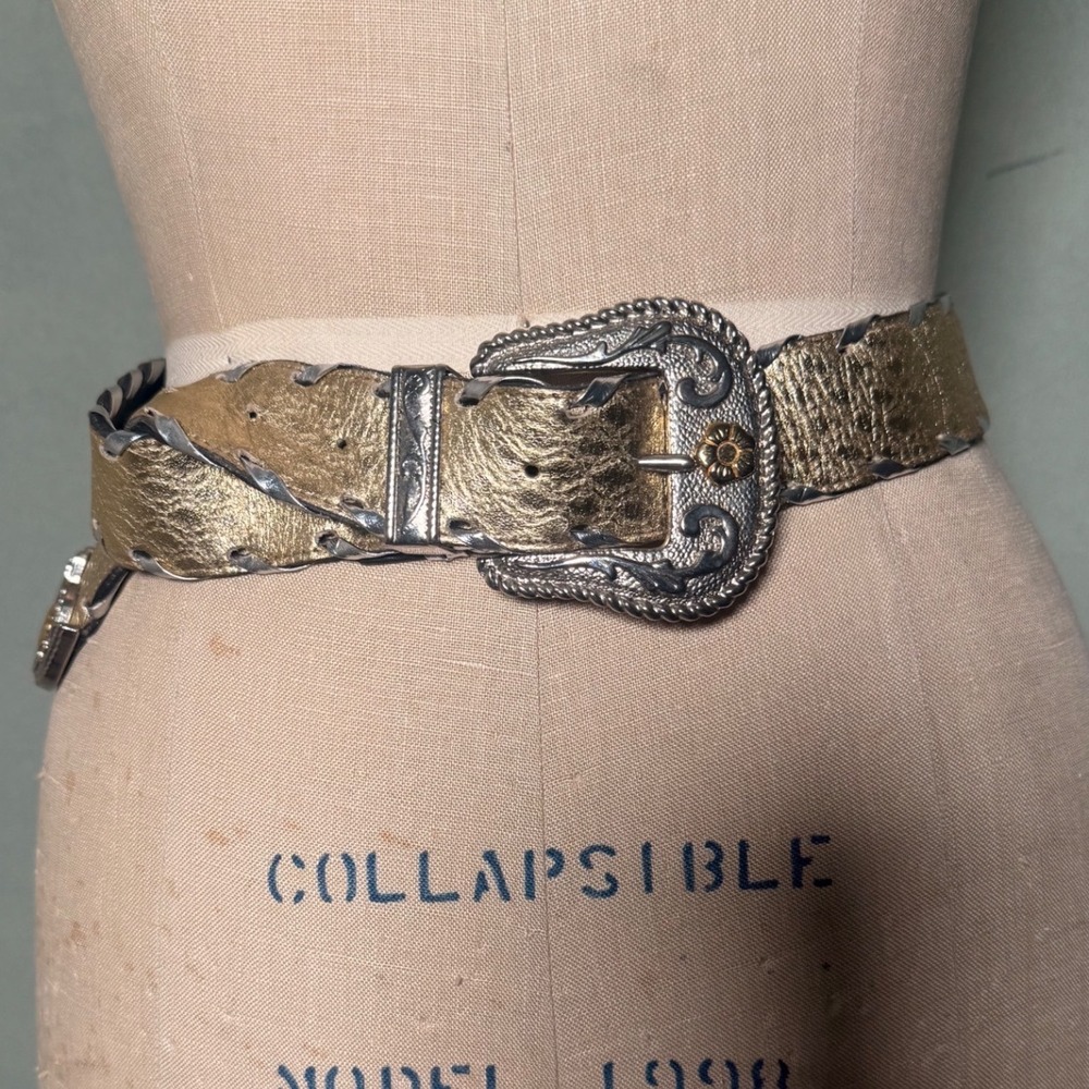 Vintage Western Gold Metallic Leather Belt Silver Whipstitch Floral Buckle 1094